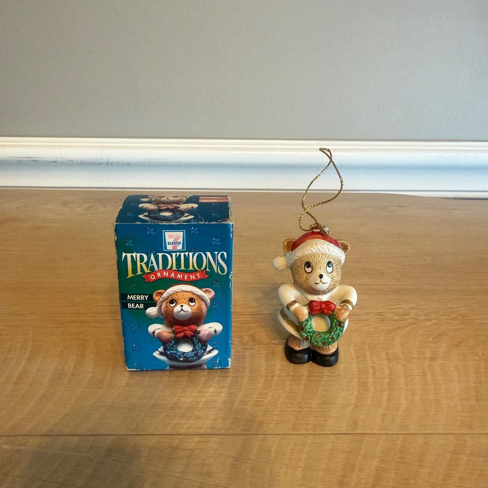 Vintage 1997 7-Eleven Traditions Merry Bear Ceramic Christmas Ornament in Box